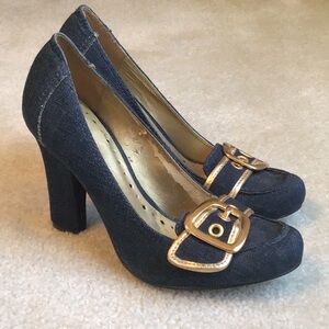 BCBGirls Denim Heels, Size 6, Blue Denim and Gold